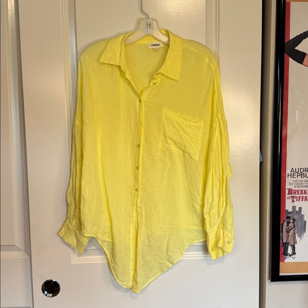 L'Agence Talitha Tie Blouse Yellow Button Up Shirt Linen Blend Top - Picture 10 of 15